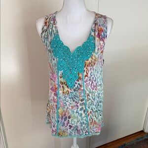 Sleeveless Animal-Print Camisole with crochet in Turquoise and rhinestone bodice